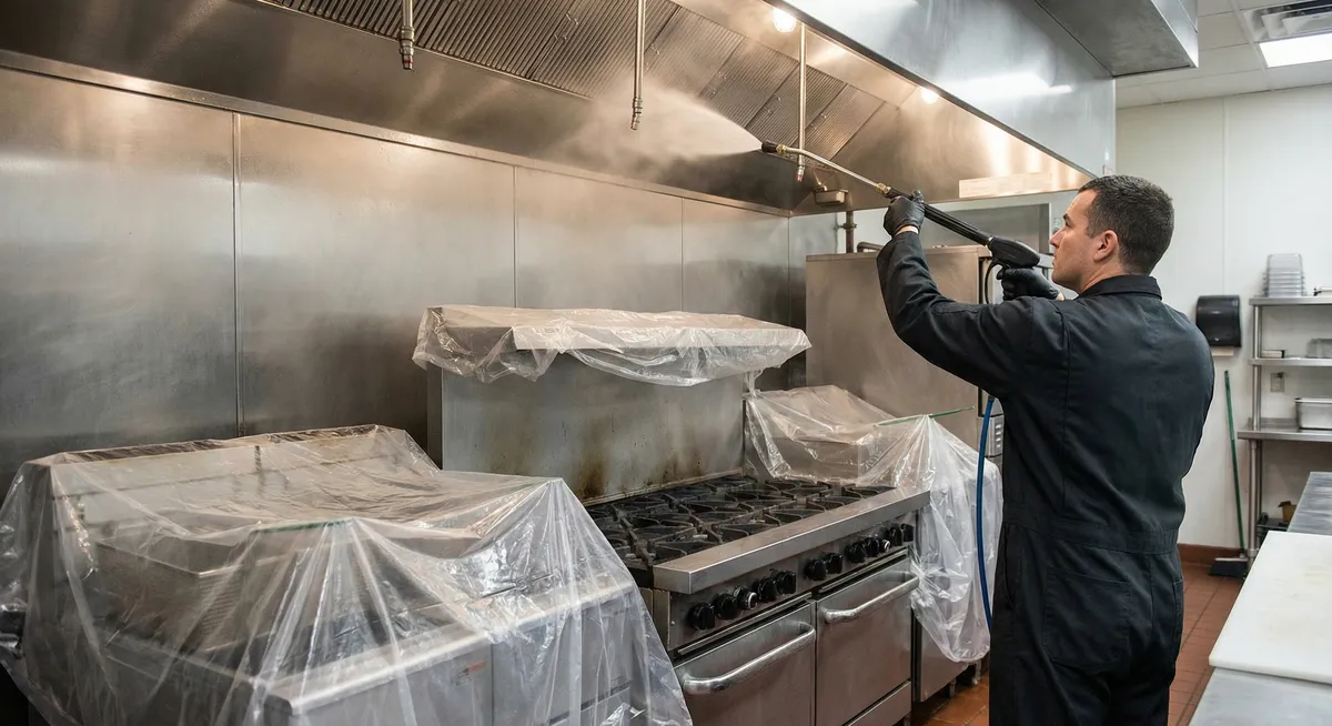 Professional hood cleaning technician servicing a restaurant exhaust system in Wilmington