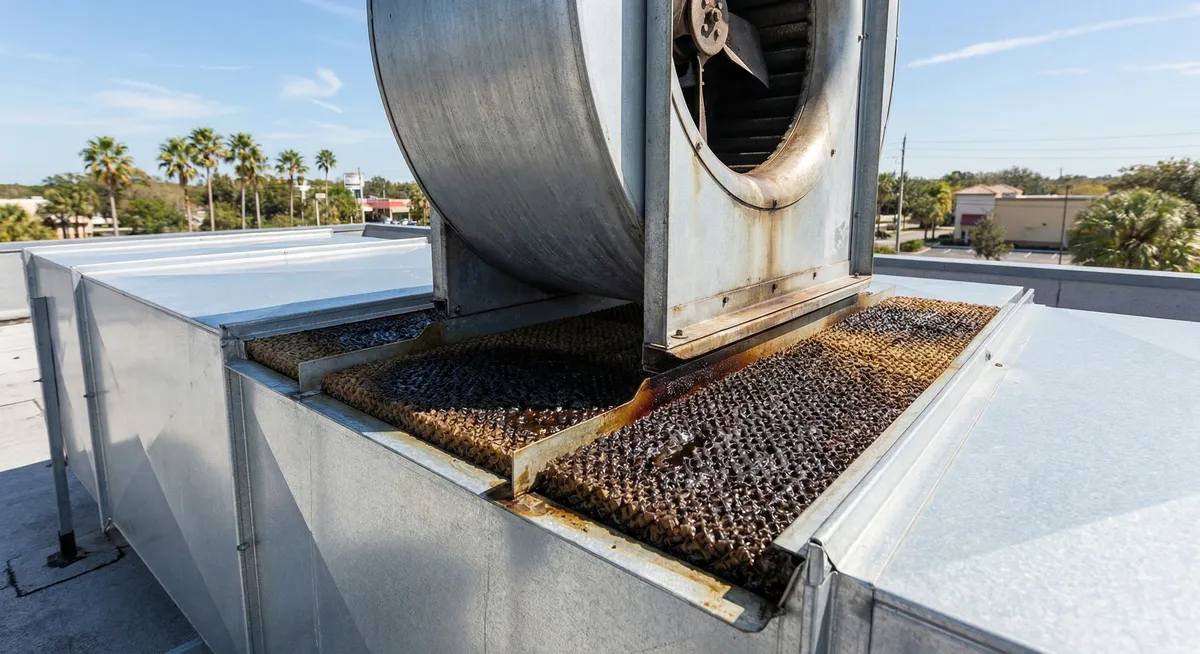 Close up of rooftop grease containment pads on a commercial kitchen fan